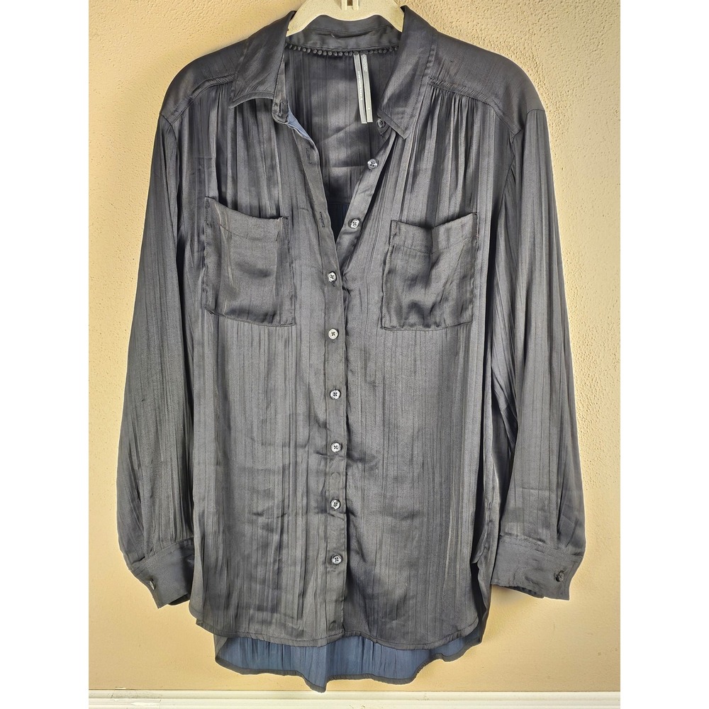 By Anthropologie Womens Black Satin Long Sleeve Blouse Top Shirt Small